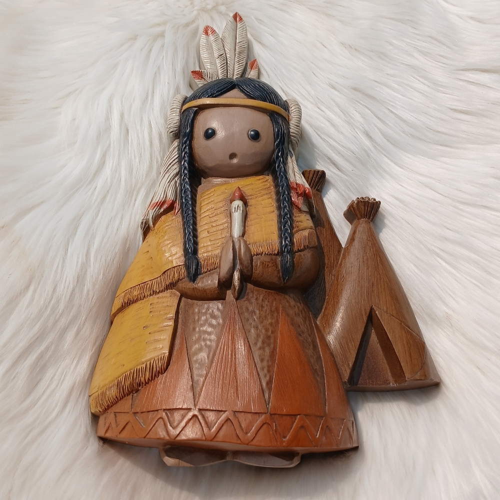 Vintage Native American Indian Girl Teepee Wall Hanging Plaque Burwood 80s 1980s